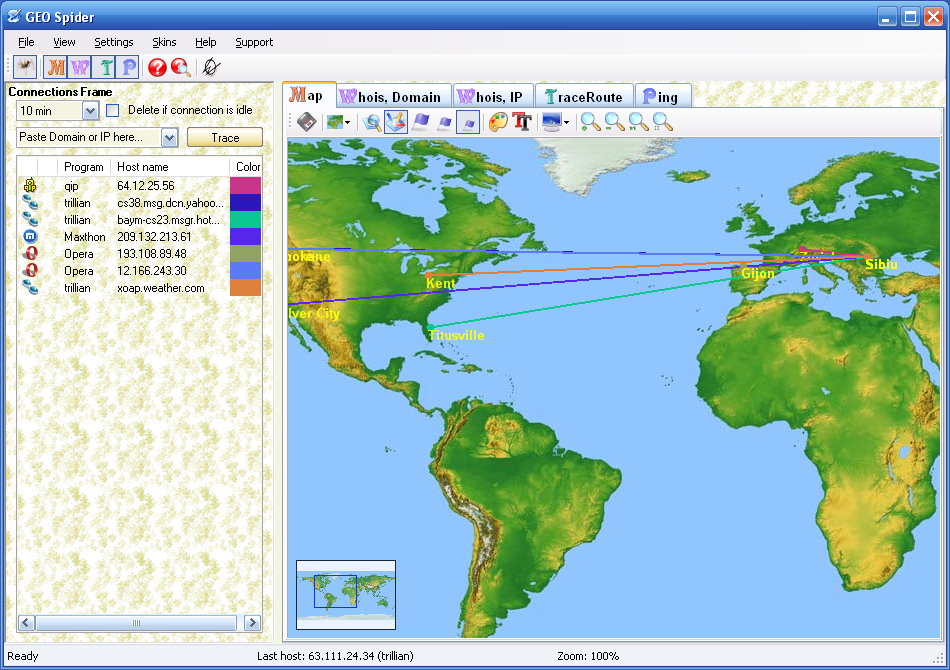 GEO Spider helps you to trace and monitor your network activity on world map.